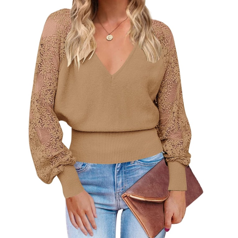V Neck Lace Patchwork Camel Long Sleeve Casual Knit